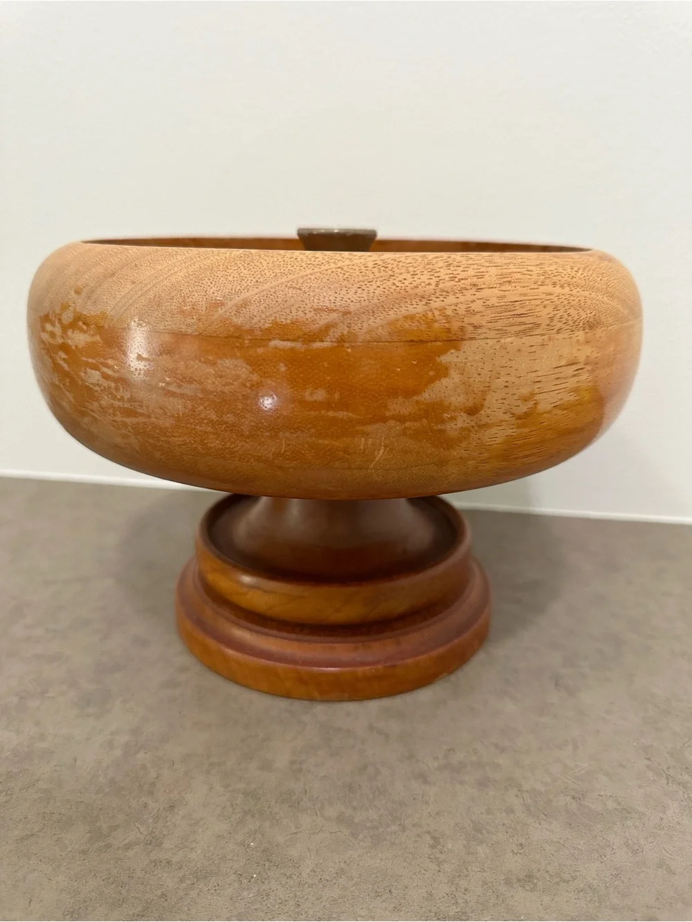 Vintage Hand-Turned Wood Pedestal Nut Bowl Warm Honey Brown Brass Cracking Anvil
